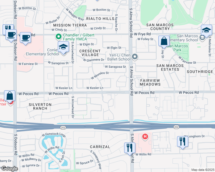 map of restaurants, bars, coffee shops, grocery stores, and more near 1212 West Kesler Lane in Chandler