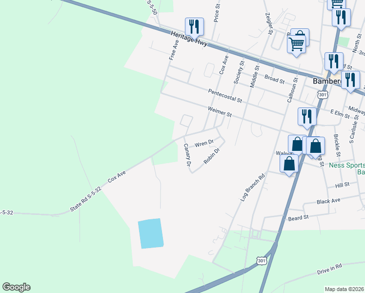map of restaurants, bars, coffee shops, grocery stores, and more near 50 Canary Drive in Bamberg