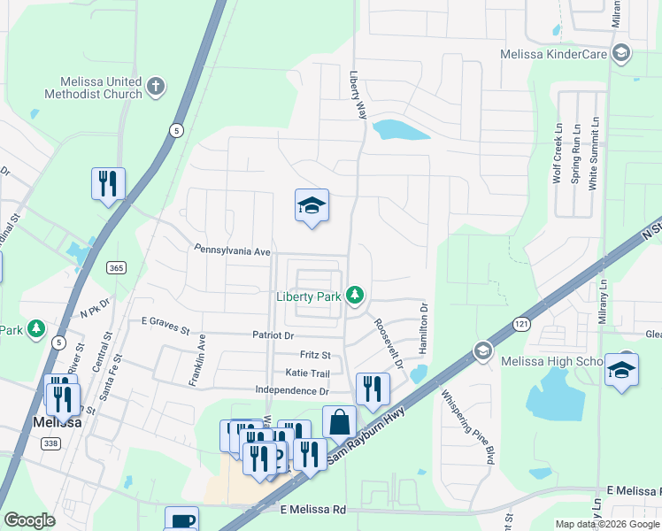 map of restaurants, bars, coffee shops, grocery stores, and more near 2709 Kennedy Drive in Melissa