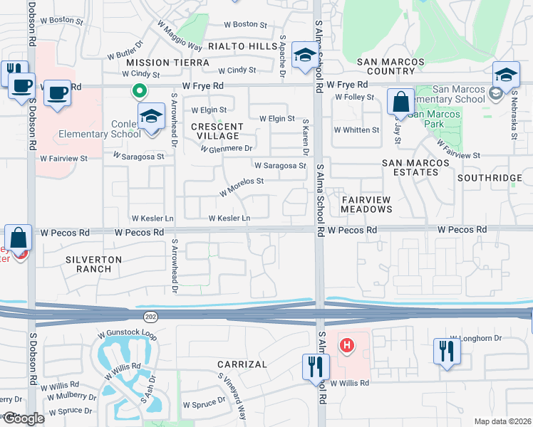 map of restaurants, bars, coffee shops, grocery stores, and more near 1212 West Kesler Lane in Chandler