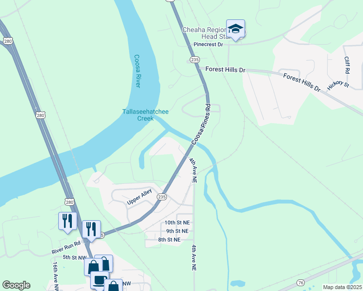 map of restaurants, bars, coffee shops, grocery stores, and more near 416 Coosa Pines Drive in Childersburg
