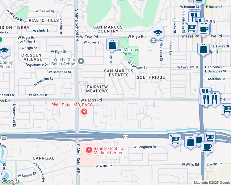 map of restaurants, bars, coffee shops, grocery stores, and more near 750 West Kesler Lane in Chandler