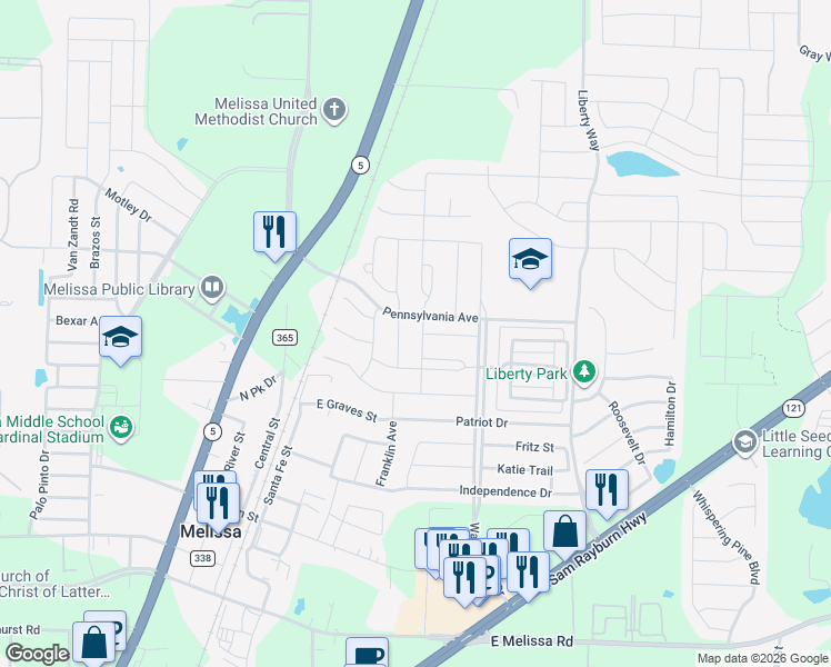 map of restaurants, bars, coffee shops, grocery stores, and more near 3417 Charleston Drive in Melissa