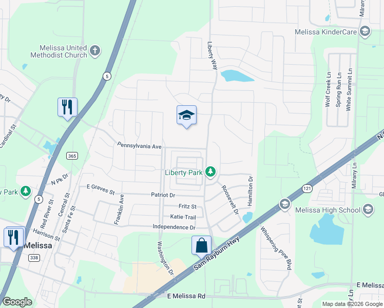 map of restaurants, bars, coffee shops, grocery stores, and more near 2709 Kennedy Drive in Melissa