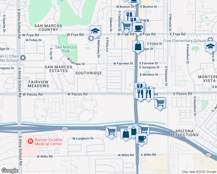 map of restaurants, bars, coffee shops, grocery stores, and more near 815 South Palm Lane in Chandler