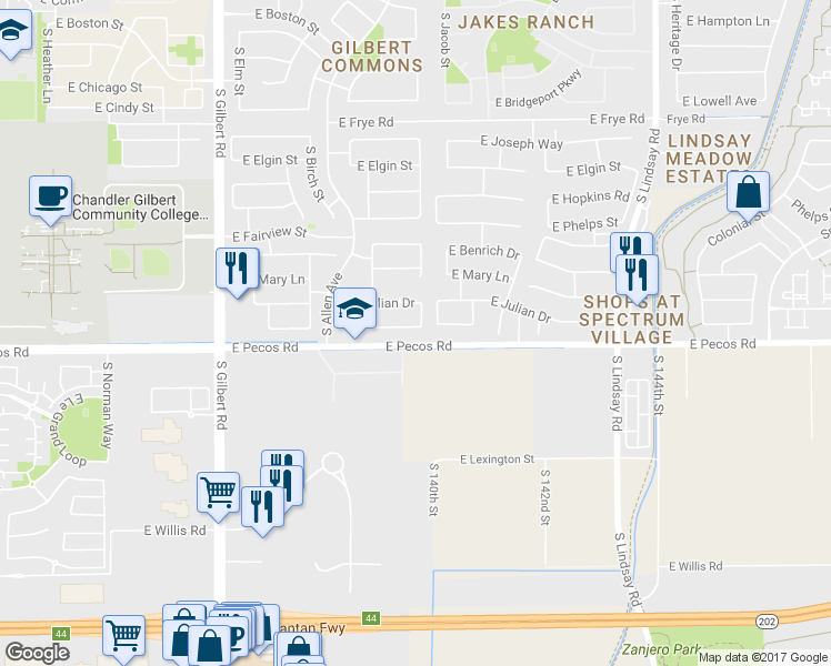 map of restaurants, bars, coffee shops, grocery stores, and more near 3159 South Larkspur Street in Gilbert