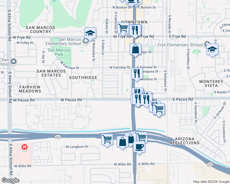 map of restaurants, bars, coffee shops, grocery stores, and more near 124 West Kesler Lane in Chandler