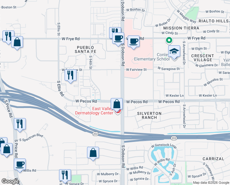 map of restaurants, bars, coffee shops, grocery stores, and more near 2040 West Pecos Road in Chandler