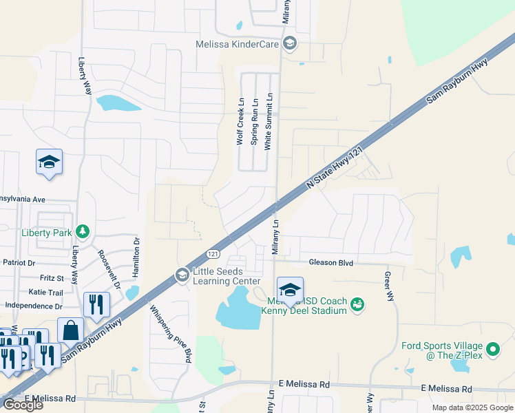 map of restaurants, bars, coffee shops, grocery stores, and more near 3300 Timberline Drive in Melissa