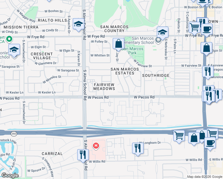 map of restaurants, bars, coffee shops, grocery stores, and more near 807 West Kesler Lane in Chandler