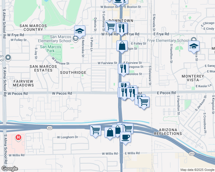 map of restaurants, bars, coffee shops, grocery stores, and more near 661 South California Street in Chandler