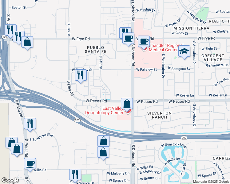 map of restaurants, bars, coffee shops, grocery stores, and more near 901 South 94th Street in Chandler