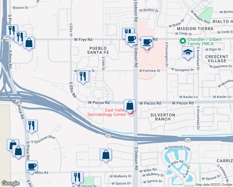 map of restaurants, bars, coffee shops, grocery stores, and more near 901 South 94th Street in Chandler