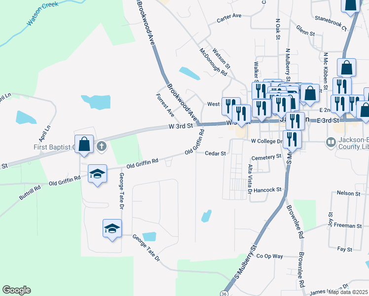 map of restaurants, bars, coffee shops, grocery stores, and more near 280 South Harkness Street in Jackson