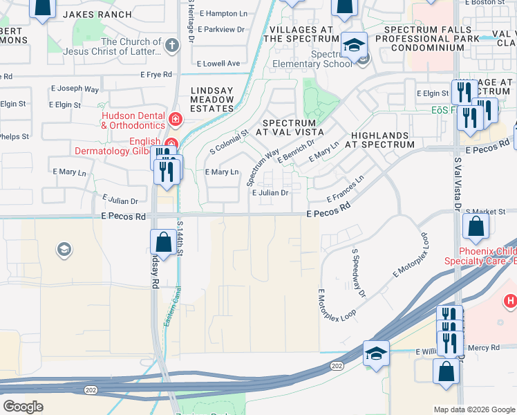 map of restaurants, bars, coffee shops, grocery stores, and more near 1029 East Julian Drive in Gilbert