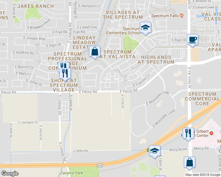 map of restaurants, bars, coffee shops, grocery stores, and more near 1061 East Julian Drive in Gilbert