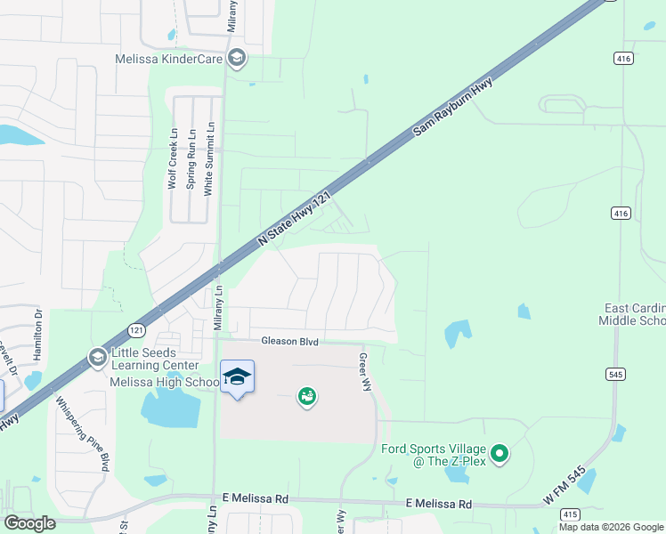 map of restaurants, bars, coffee shops, grocery stores, and more near 3510 Sam Rayburn Highway in Melissa