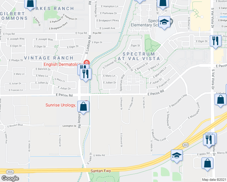 map of restaurants, bars, coffee shops, grocery stores, and more near 949 East Frances Lane in Gilbert