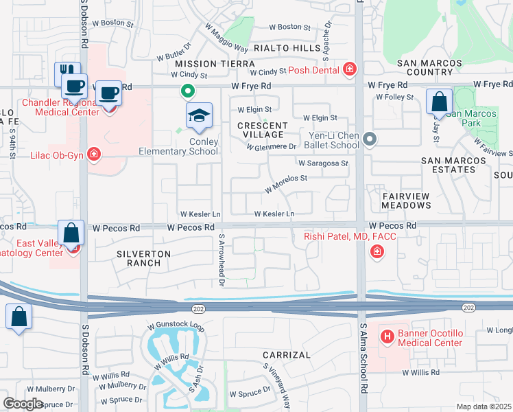 map of restaurants, bars, coffee shops, grocery stores, and more near 930 S Sean Ct in Chandler