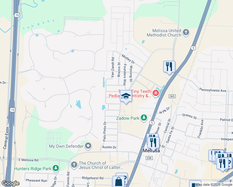 map of restaurants, bars, coffee shops, grocery stores, and more near 1117 Bexar Avenue in Melissa