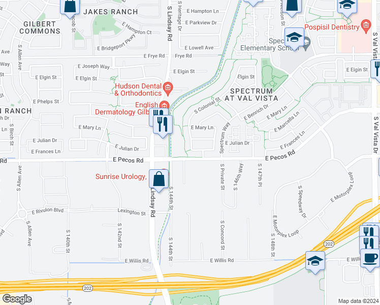 map of restaurants, bars, coffee shops, grocery stores, and more near 881 East Frances Lane in Gilbert
