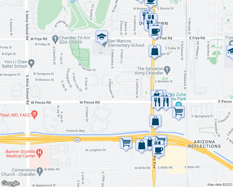 map of restaurants, bars, coffee shops, grocery stores, and more near 815 South Palm Lane in Chandler