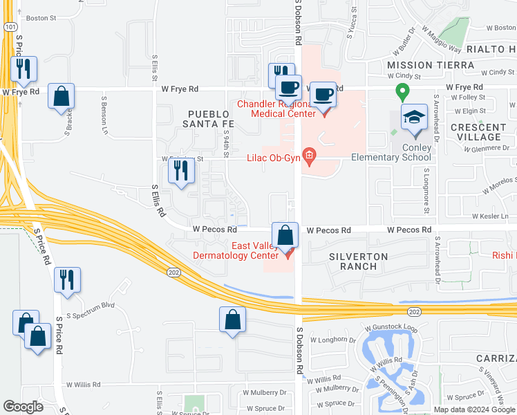 map of restaurants, bars, coffee shops, grocery stores, and more near 901 South 94th Street in Chandler