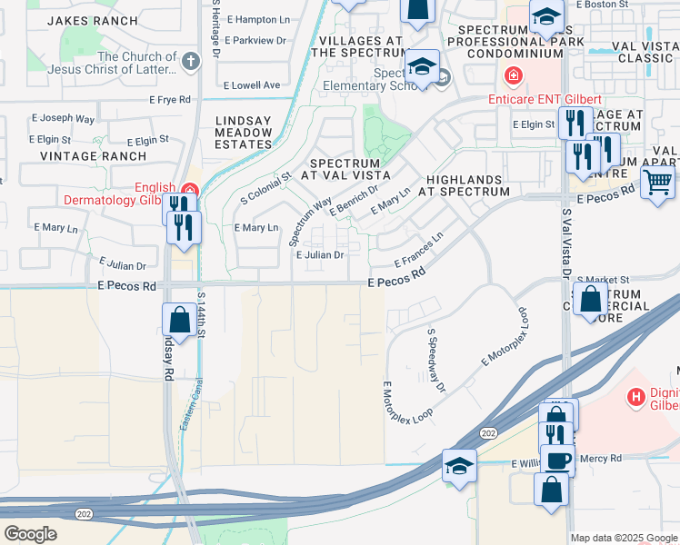 map of restaurants, bars, coffee shops, grocery stores, and more near 3178 South Southwind Drive in Gilbert