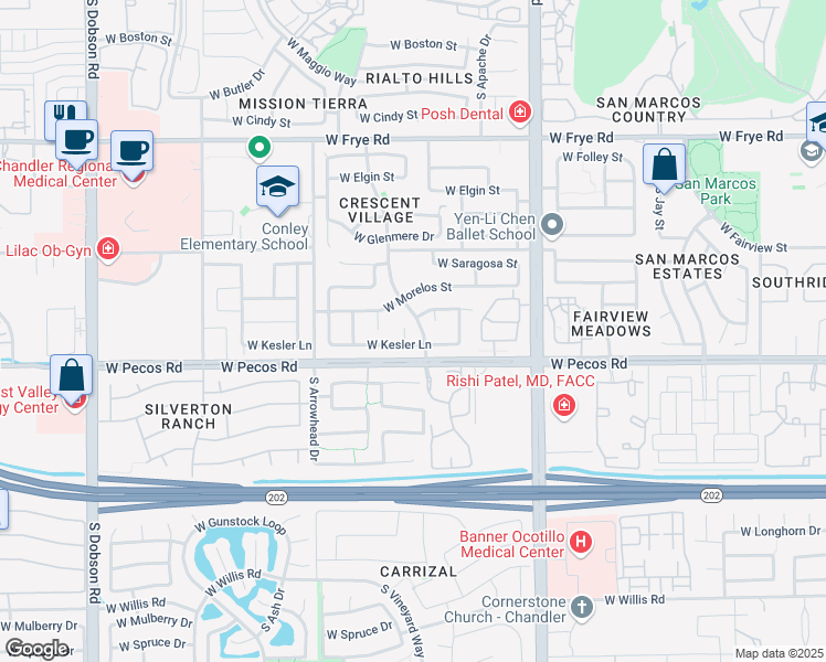 map of restaurants, bars, coffee shops, grocery stores, and more near 933 South Navajo Court in Chandler