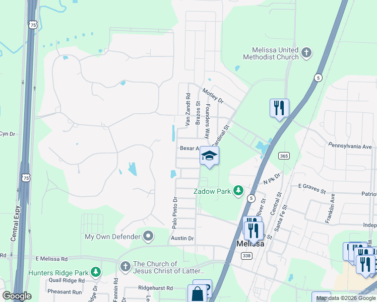 map of restaurants, bars, coffee shops, grocery stores, and more near 1117 Bexar Avenue in Melissa