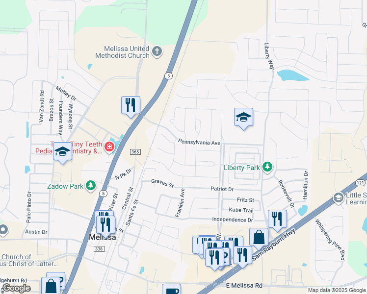 map of restaurants, bars, coffee shops, grocery stores, and more near 3417 Charleston Drive in Melissa
