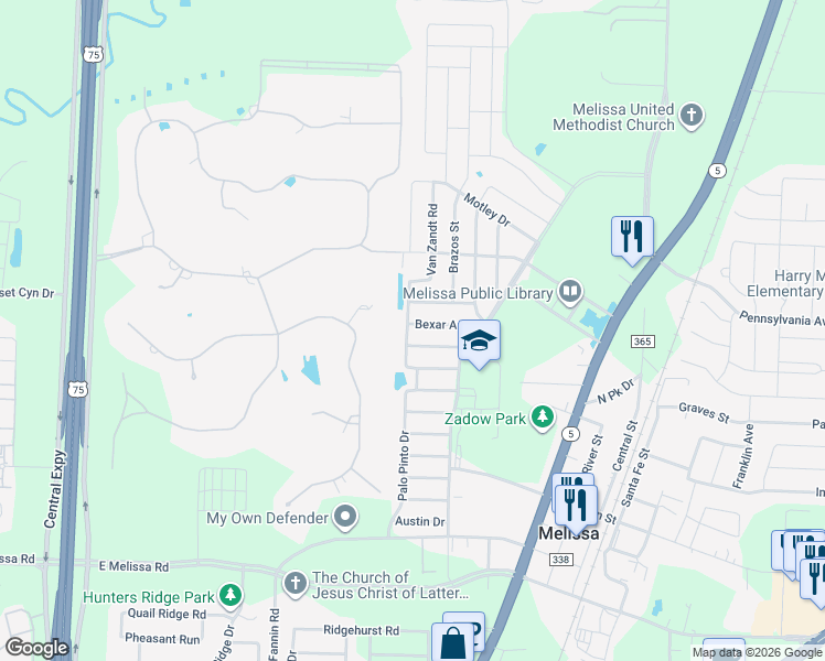 map of restaurants, bars, coffee shops, grocery stores, and more near 1101 Bexar Avenue in Melissa