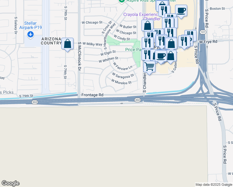 map of restaurants, bars, coffee shops, grocery stores, and more near 2900 West Geronimo Street in Chandler