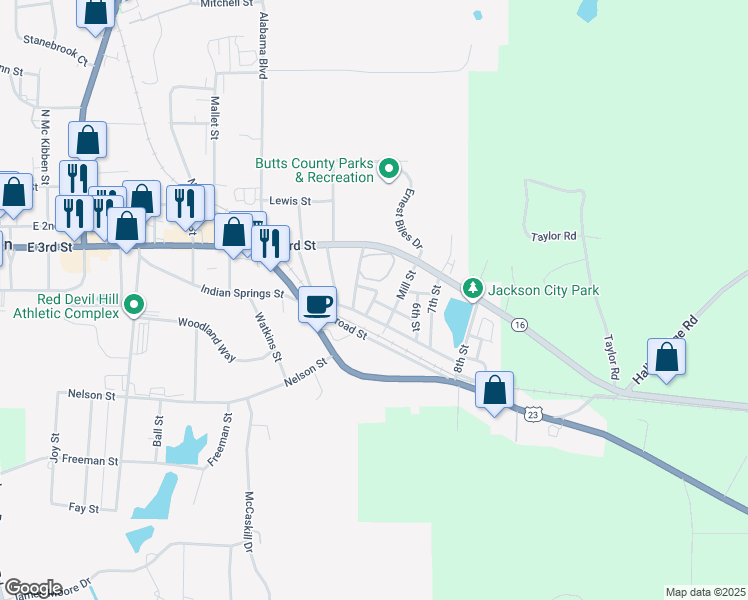 map of restaurants, bars, coffee shops, grocery stores, and more near Jackson Street in Jackson
