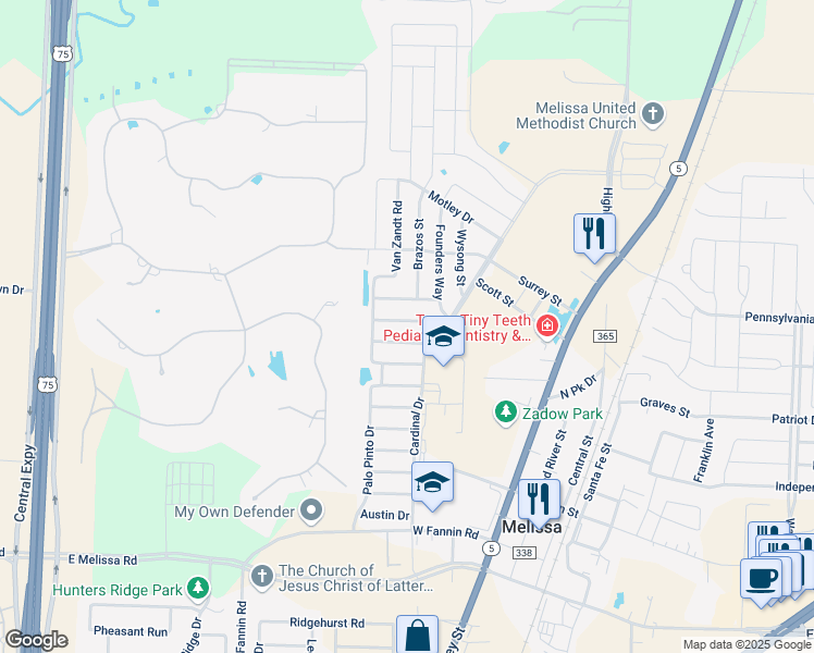 map of restaurants, bars, coffee shops, grocery stores, and more near 1115 Bexar Avenue in Melissa