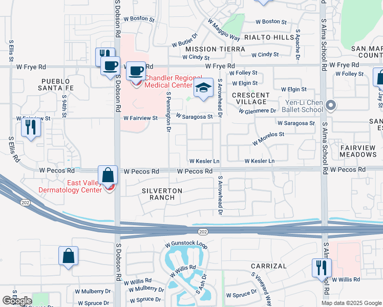 map of restaurants, bars, coffee shops, grocery stores, and more near 1645 West Geronimo Street in Chandler