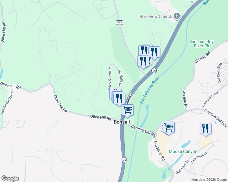 map of restaurants, bars, coffee shops, grocery stores, and more near 6075 Rio Valle Drive in Bonsall