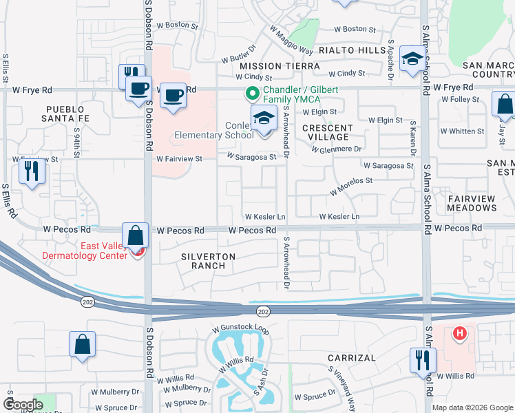 map of restaurants, bars, coffee shops, grocery stores, and more near 1645 West Geronimo Street in Chandler