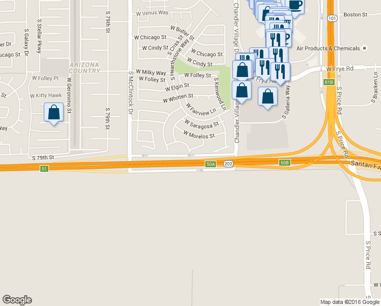 map of restaurants, bars, coffee shops, grocery stores, and more near 2900 West Geronimo Street in Chandler