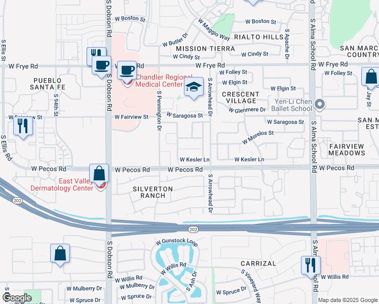 map of restaurants, bars, coffee shops, grocery stores, and more near 1645 West Geronimo Street in Chandler