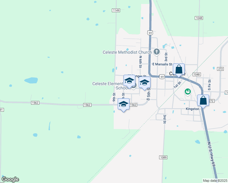 map of restaurants, bars, coffee shops, grocery stores, and more near 6175 County Road 1149 in Celeste