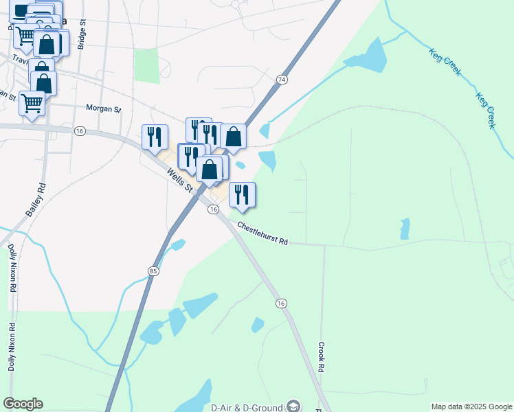 map of restaurants, bars, coffee shops, grocery stores, and more near 134 Chestlehurst Road in Senoia