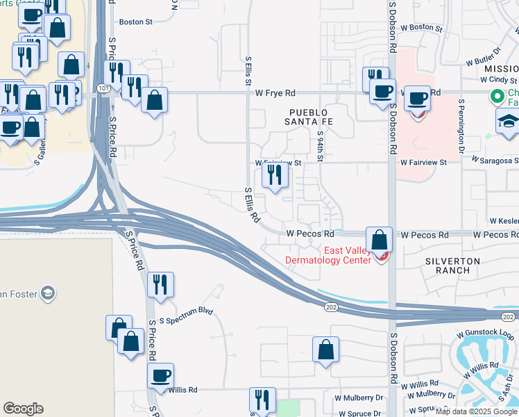 map of restaurants, bars, coffee shops, grocery stores, and more near 2450 West Pecos Road in Chandler