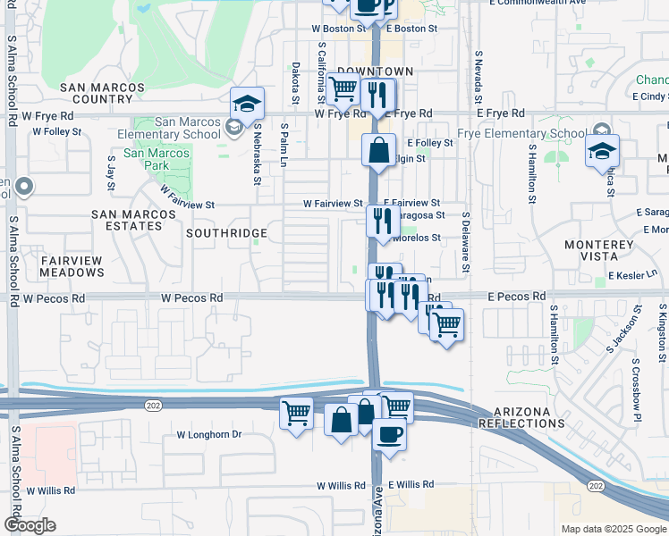 map of restaurants, bars, coffee shops, grocery stores, and more near 661 South California Street in Chandler