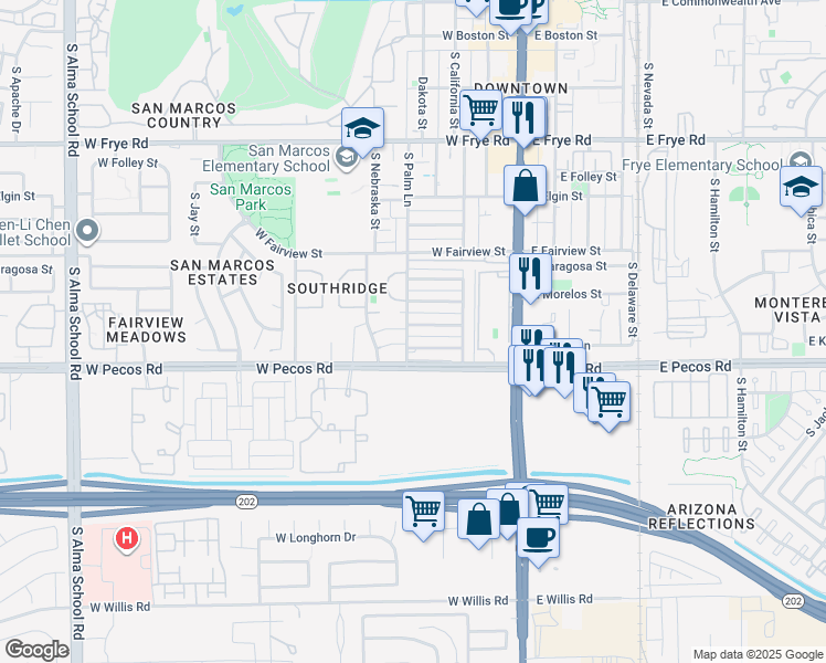 map of restaurants, bars, coffee shops, grocery stores, and more near 815 South Palm Lane in Chandler