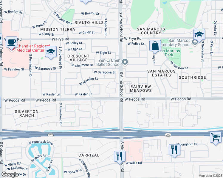 map of restaurants, bars, coffee shops, grocery stores, and more near Unnamed Road in Chandler