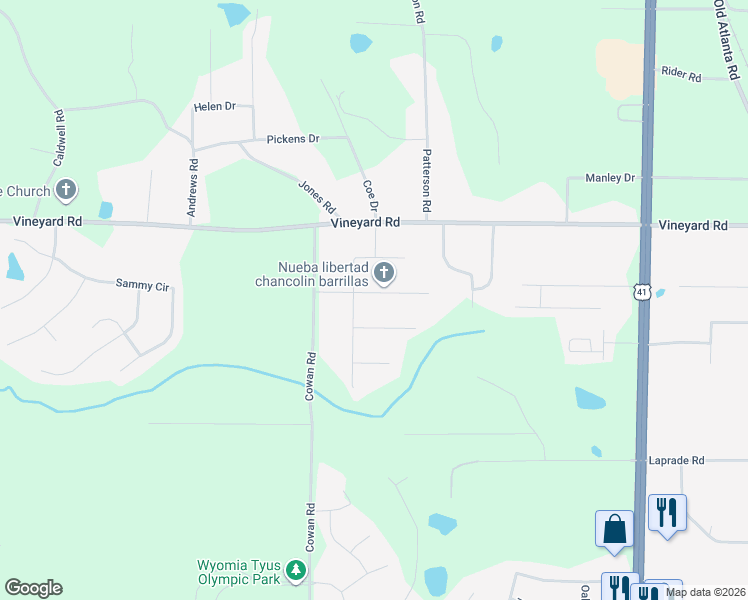 map of restaurants, bars, coffee shops, grocery stores, and more near 204 Plantation Trail in Griffin