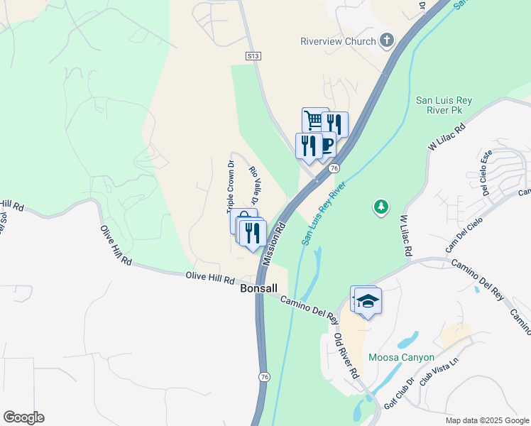 map of restaurants, bars, coffee shops, grocery stores, and more near 5970 Thoroughbred Lane in Bonsall