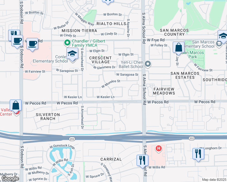 map of restaurants, bars, coffee shops, grocery stores, and more near 1212 West Kesler Lane in Chandler