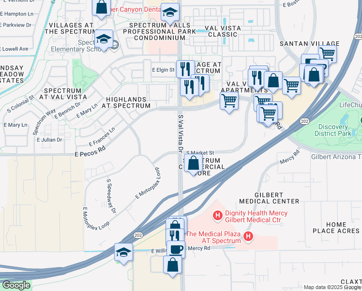 map of restaurants, bars, coffee shops, grocery stores, and more near 3285 South Val Vista Drive in Gilbert